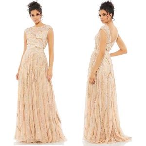 Mac Duggal Gold Beads and Sequins Embellished Cap Sleeve Evening Gown